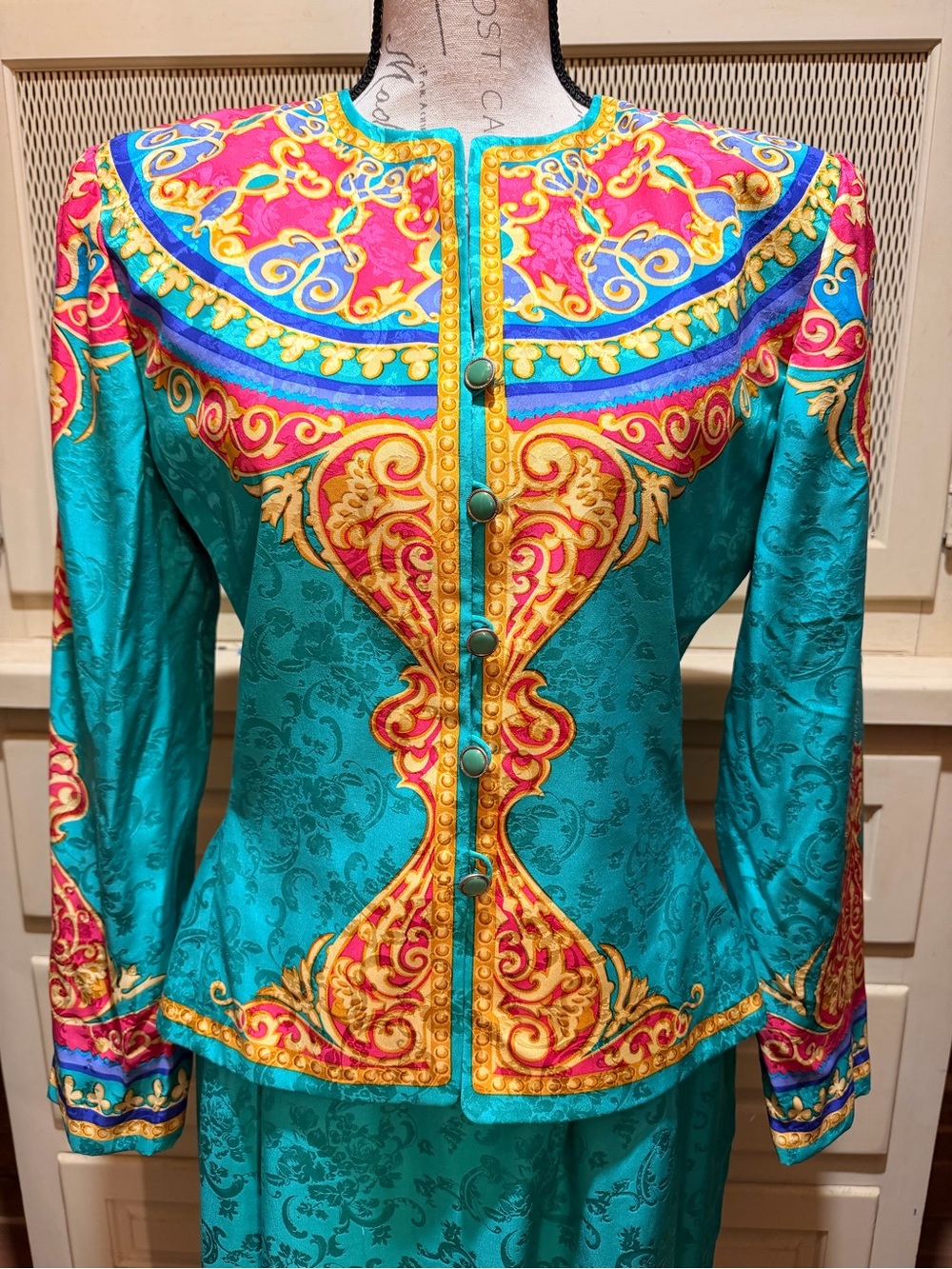 VTG Adrianna Papell 100% Silk Jacquard Skirt Suit Set 80s 90s Baroque - Picture 2 of 6